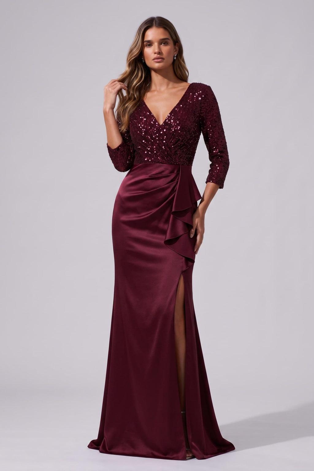 Mermaid Floor Length Sequined Stretch Satin Special Occasion Dress CS1086 - Wine - COCOMELODY